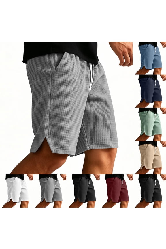 Waffle Casual Shorts for Men Breathable Lightweight Textured Short Pants Solid Color Split Hem Loose Fit Wide Leg Shorts with Pockets Light Blue M