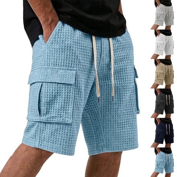 cllios Waffle Knit Cargo Shorts for Men Multi Side Flap Pockets Elastic Drawstring Waist Solid Color Casual Summer Streetwear Shorts