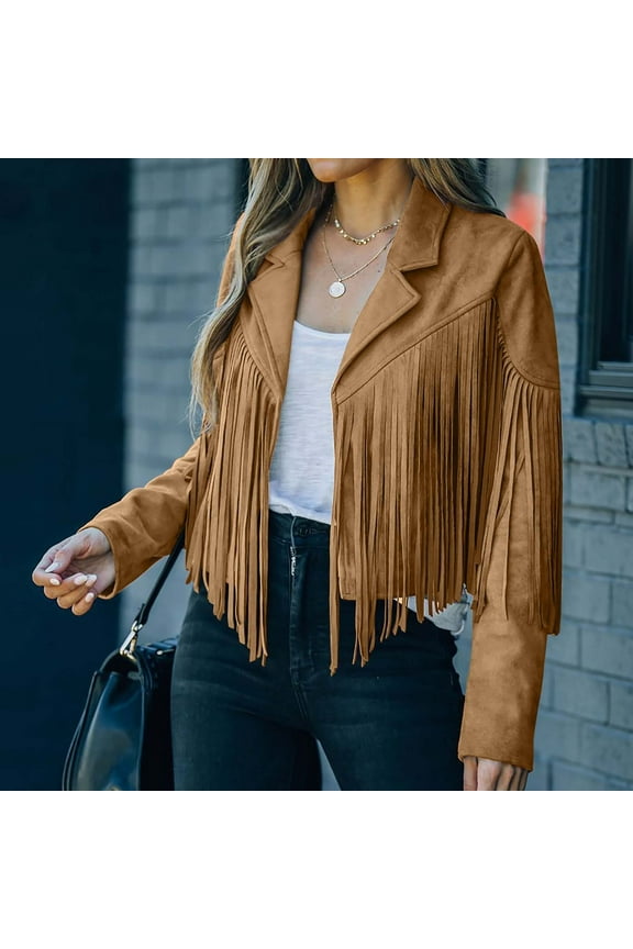 Women Fringe Jacket Faux Suede Cardigan with Tassel Long Sleeve Lapel Vintage Cropped Coats Motor Biker Outerwear