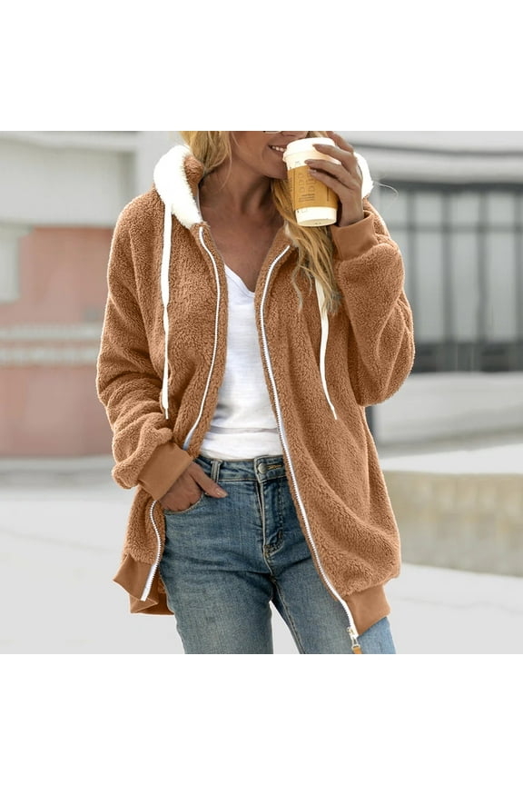 Women Fuzzy Fleece Hoodie Jackets Plus Size Full Zip Up Sherpa Lined Warm Fleece Coat Outwear Plush Flannel Outwear