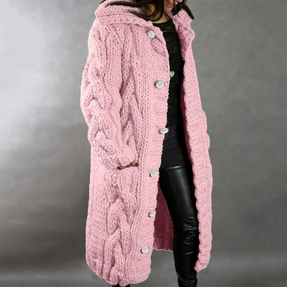 cllios Women Hooded Open Front Cardigan Cable Knit Sweaters Solid Color Button Down Chunky Long Sweater Coats with Pocket
