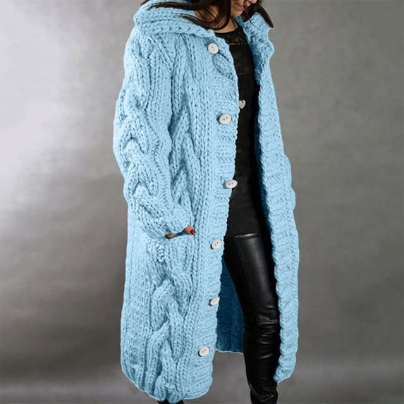 cllios Women Hooded Open Front Cardigan Cable Knit Sweaters Solid Color Button Down Chunky Long Sweater Coats with Pocket