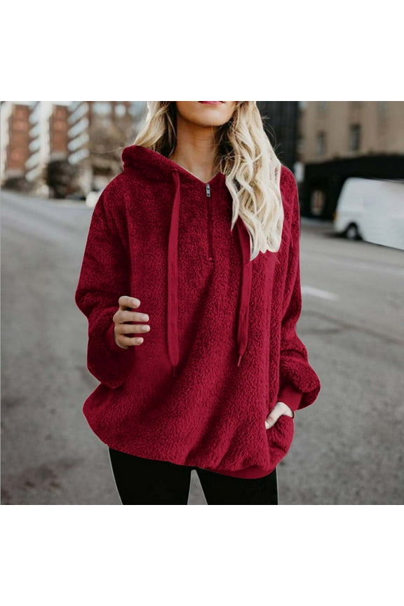 Women Sherpa Lined Hoodies Oversized Fleece Warm Sweatshirts Fuzzy Quarter Zip Long Sleeve Pullover Tops with Pockets