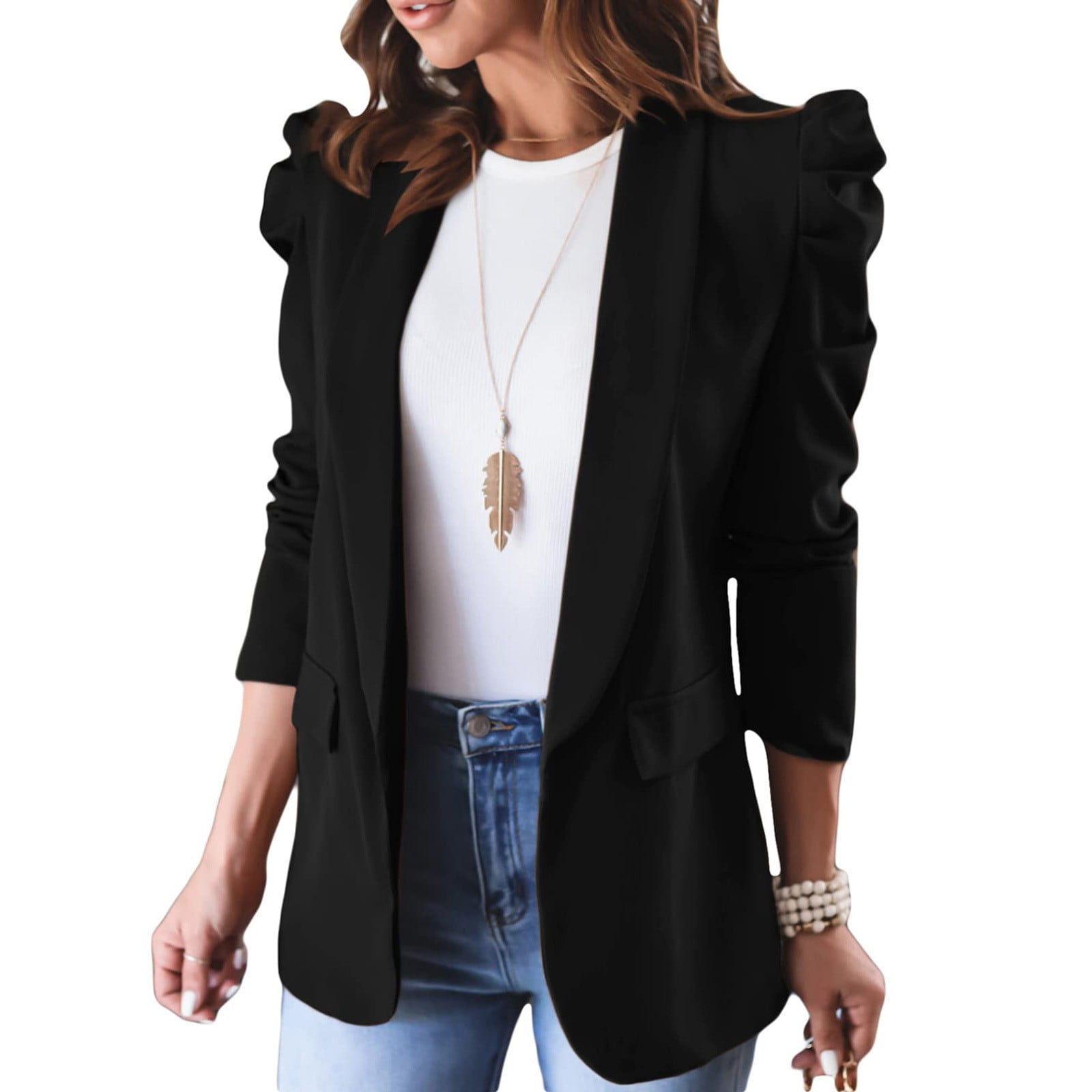 cllios Women s 2022 Fall Casual Blazers Puff Sleeve Lapel Open Front Work Suit Office Blazer Jackets with Pockets Walmart