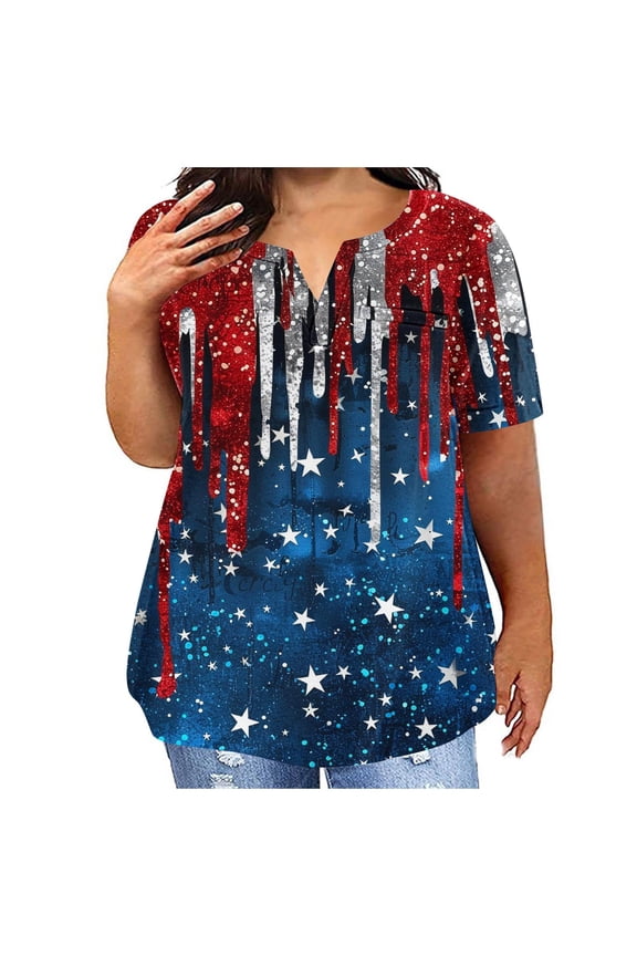 Women's 4th of July Shirts Proud Patriotic Red White and Blue Graphic Tshirts Cute Short Sleeve Tees Comfortable V Neck Buttons Blouses Tops Blouses for Women Business Casual