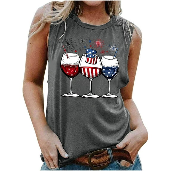 cllios Women's 4th of July Tank Tops Clearance Patriotic Red White and Blue Print Tshirts Cute Sleeveless T-shirts Cami Trendy Round Neck Tanks Going Out Tops for Women