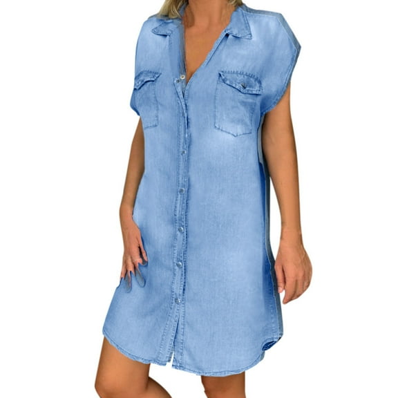 cllios Women's Casual Turndown Neck Denim Party Dresses Sleeveless Swing Dresses for women