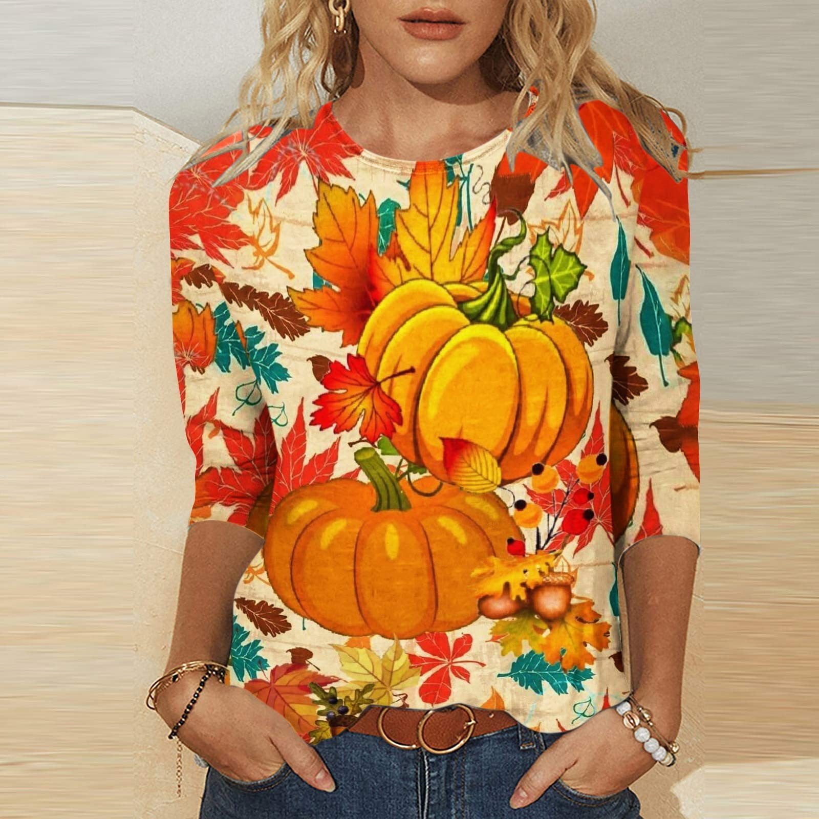 cllios Women's Halloween Shirts Funny Pumpkin Print Tees Trendy 3/4