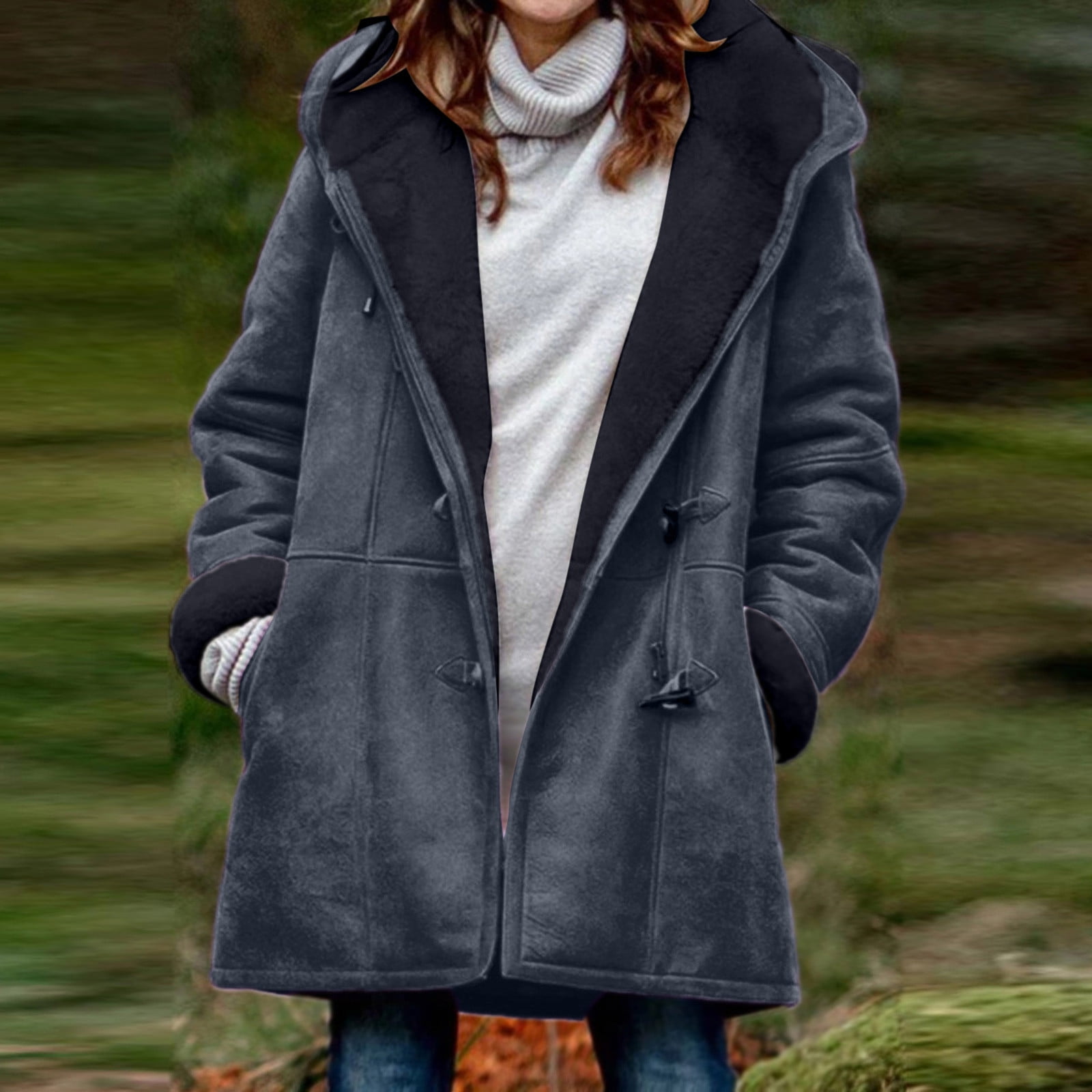 cllios Women's Lapel Sherpa Fleece Lined Suede Hooded Jacket Winter Plus  Size Button Down Warm Coat Outerwear