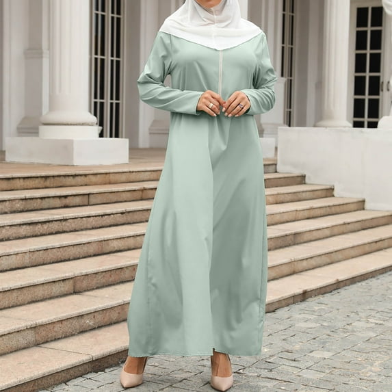 cllios Women's Muslim Maxi Dresses Summer Long Sleeves Prayer Clothes Zipper Ladies Conservative Robe Dress