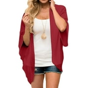 cllios Women's Solid Puff Sleeve Kimono Cardigan Loose Chiffon Cover Up Casual Blouse Tops