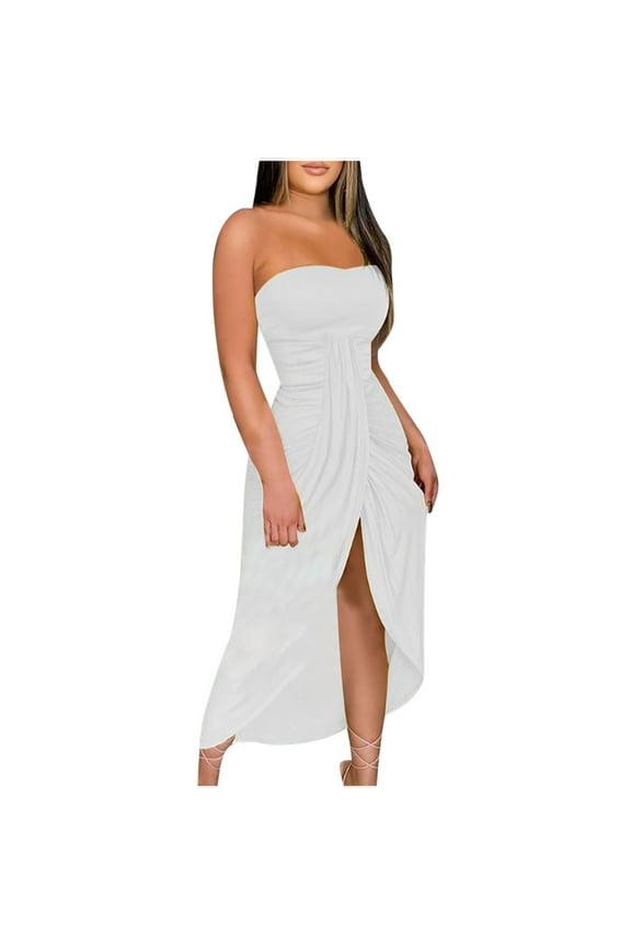 Women's Summer Solid Strapless Long Dress Beach Split Dress Party Club Dresses for women