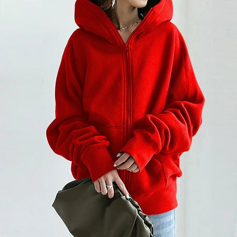 cllios Women's Zip-Up Hoodies Long Sleeve with Pocket Sweatshirts  Drawstring Mid-Length Solid Color Casual Jacket