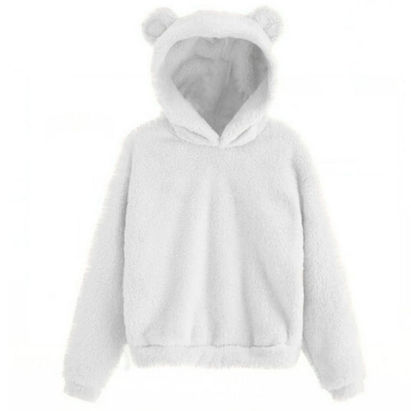cllios Womens Bear Ear Sherpa Hoodies Solid Fleece Cute Top Long Sleeve Loose Warm Pullover Sweatshirt