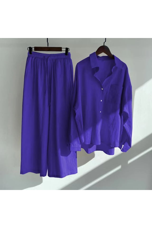 Womens Casual 2 Piece Outfits Cotton Linen Sets Button Down Lapel T-Shirt Wide Leg Palazzo Pants Lounge Set Dressy Matching Suits Tracksuit