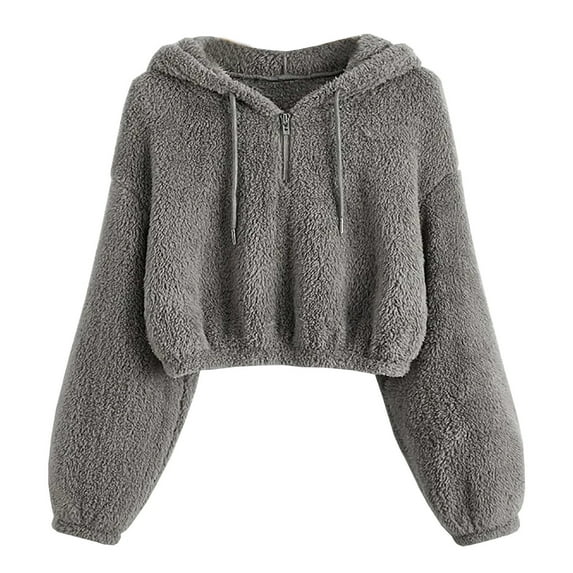 cllios Womens Crop Hoodies Sherpa Zip Up Top Trendy Plush Outwear Long Sleeve Casual Hooded Jacket