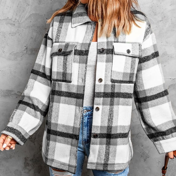 cllios Womens Flannel Plaid Shacket Long Sleeve Button Down Shirts Jacket Trendy Coats Fall Outfit with Side Pockets Lighting