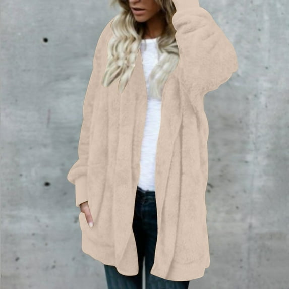 cllios Womens Fuzzy Hooded Cardigan Coat Winter Double Fleece Open Front Jacket Coat Plush Warm Plus Size Outwear
