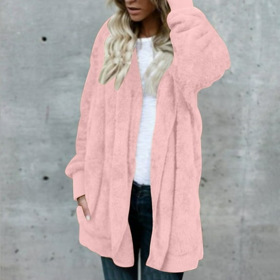 cllios Womens Fuzzy Hooded Cardigan Coat Winter Double Fleece Open Front Jacket Coat Plush Warm Plus Size Outwear