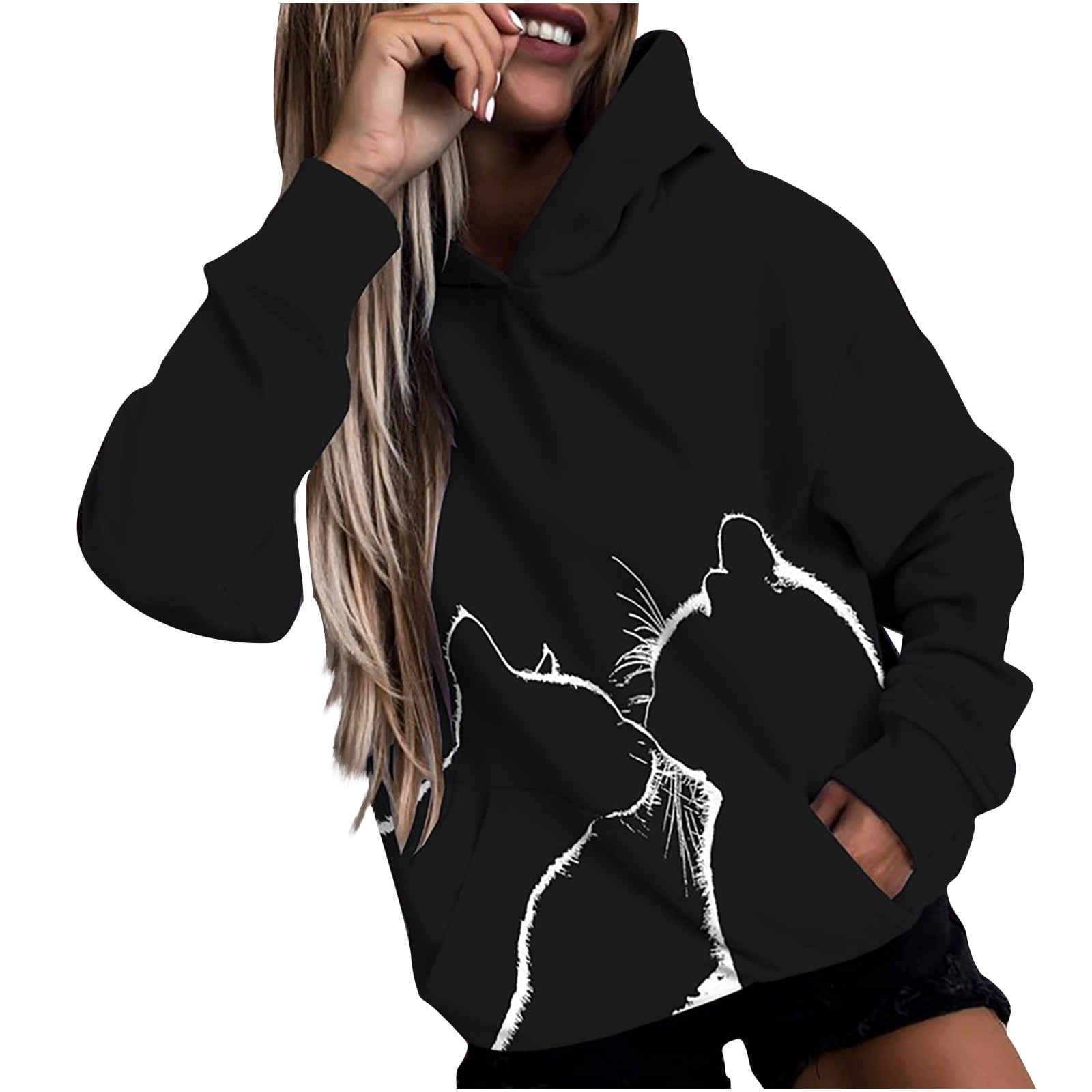 cllios Womens Hoodies Black and White Cat 3D Graphic Top Cute Trendy  Pullover Sweatshirt Long Sleeve Plus Size Shirt Blouse - Walmart.com