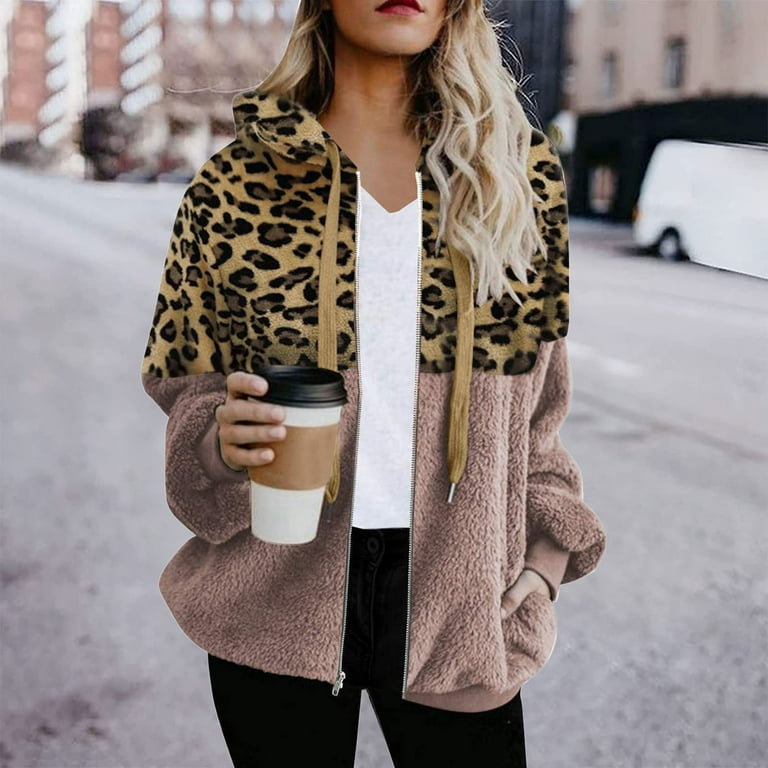 cllios Womens Leopard Print Sherpa Hoodie Oversized Patchwork