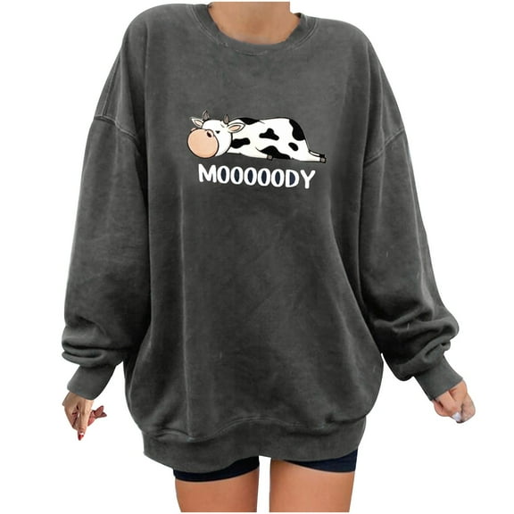 cllios Womens Oversized Sweatshirt Crewneck Cow Graphic Top Comfy Cute Pullover Sweatshirt Long Sleeve Dressy Casual Shirt Blouse