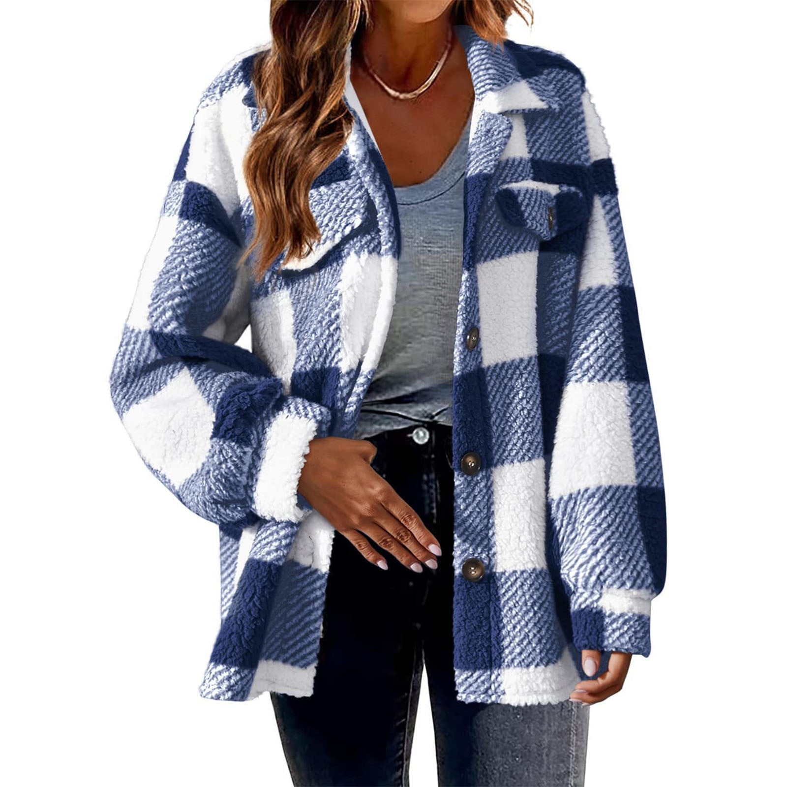 cllios Womens Plus Size Fleece Jackets Long Sleeve Plaid Shirts Flannel