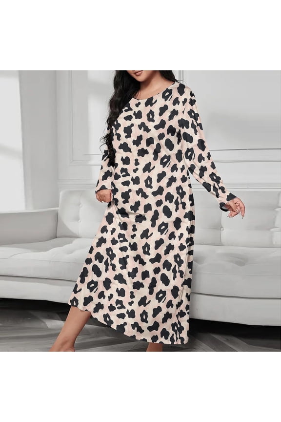 Womens Plus Size Nightgown Long Sleeve Crew Neck Leopard Print Sleep Dress Soft Breathable Fabric Casual Lounge Wear