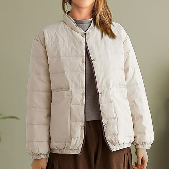cllios Womens Puffer Jacket Lightweight Crewneck Long Sleeve Button Up Coat Winter Casual Solid Color Down Jacket Oversized Warm Outwear with Pocket