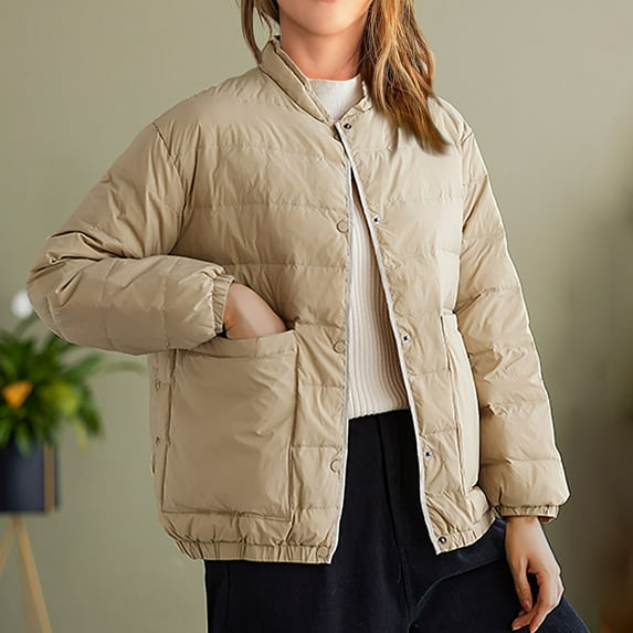 cllios Womens Puffer Jacket Lightweight Crewneck Long Sleeve Button Up Coat Winter Casual Solid Color Down Jacket Oversized Warm Outwear with Pocket