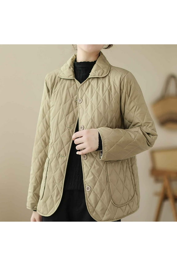 Womens Quilted Puffer Jacket Lightweight Button Down Check Padded Coat Baggy Long Sleeve Lapel Puffer Coat with Pockets Casual Warm Outerwear for Teen Girls