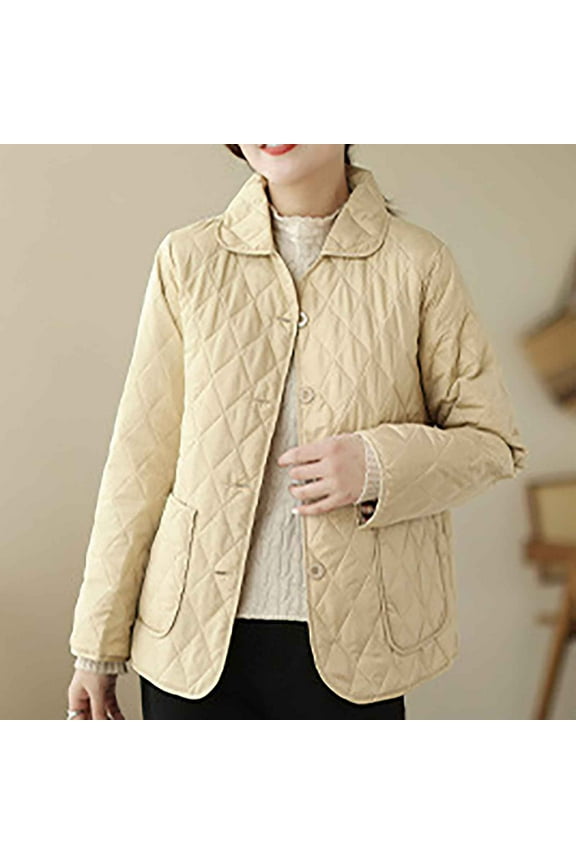 Womens Stand Collar Quilted Jackets Short Padded Coat SLong Sleeve Puffer Jacket Baggy Snap Zipper Puffer Coat Casual Warm Outerwear Tops with Pockets