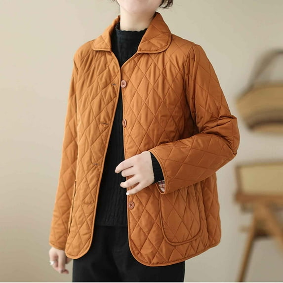 cllios Womens Stand Collar Quilted Jackets Short Padded Coat SLong Sleeve Puffer Jacket Baggy Snap Zipper Puffer Coat Casual Warm Outerwear Tops with Pockets