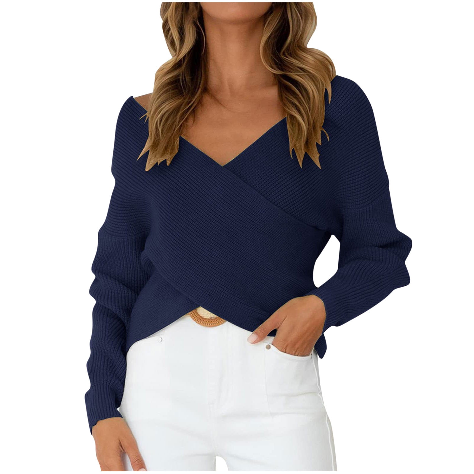 cllios Womens Sweaters Long Sleeve Knit Top V Neck Wrap Sweater Front