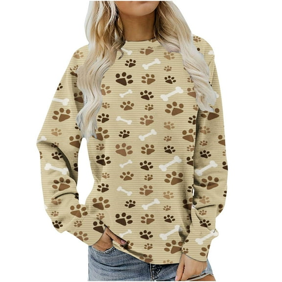 cllios Womens Sweatshirt Round Neck Dog Paws Graphic Top Long Sleeve Cozy Shirt Striped Pullover Sweatshirt