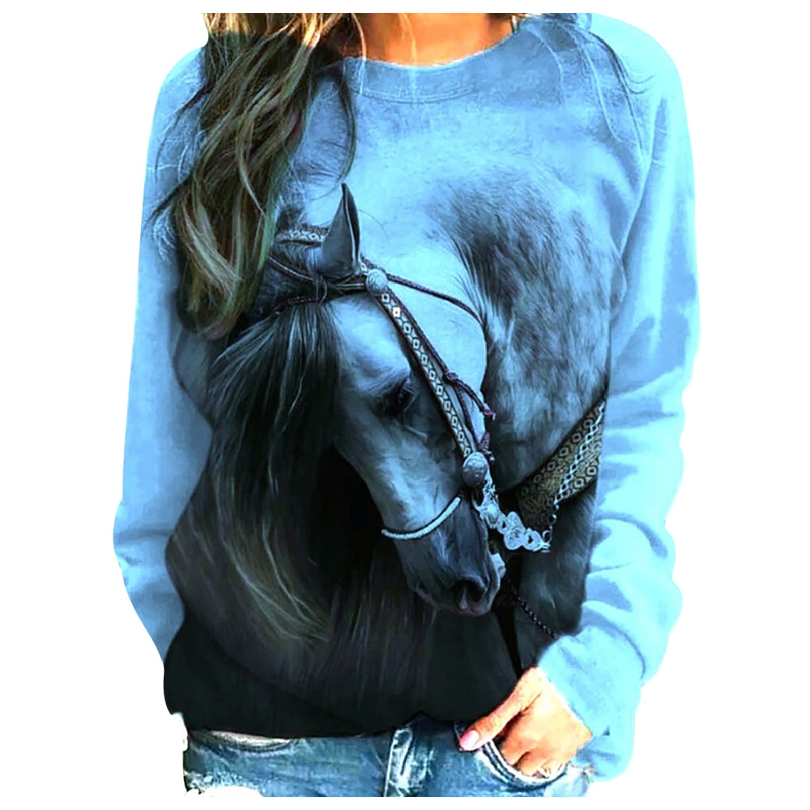 cllios Womens Sweatshirts Crewneck Horse Graphic Top Long Sleeve 3D Shirt Comfy Novelty Pullover