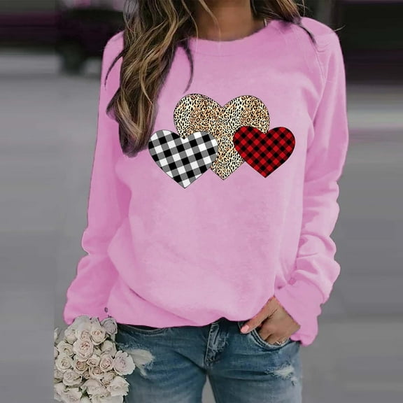 cllios Womens Tops 2024 Gifts for Girlfriends Valentine's Day Print Tee Shirts Casual Sweatshirts Crewneck Long Sleeve Shirts for Women Oversized Tops for Girls Y2K Clothes Pink 3XL