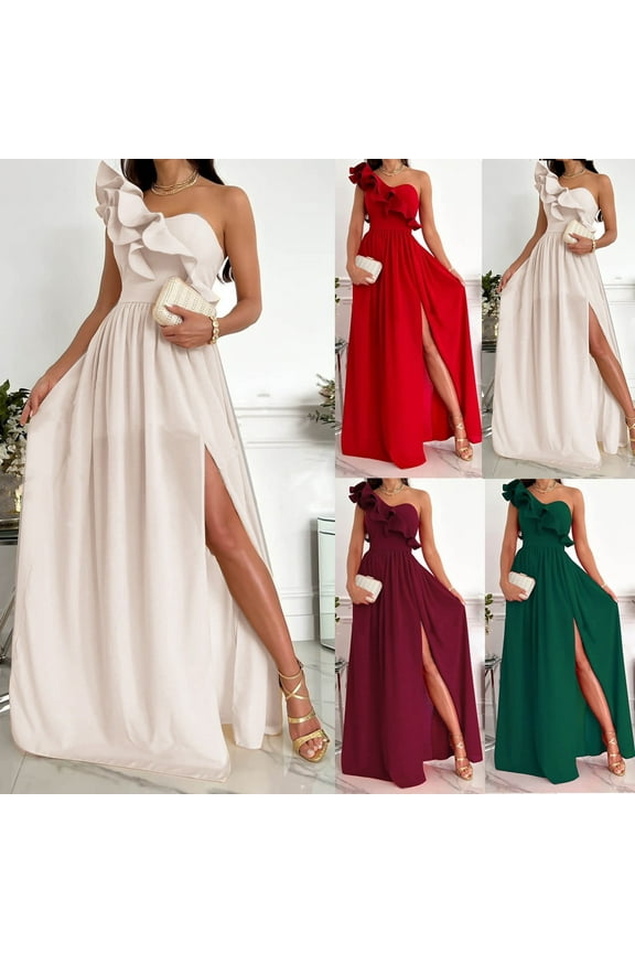 Women's Wedding Guest Dresses Formal Ruffle One Shoulder Maxi Dresses Flowy Short Sleeve Club Dresses Fall Side Split Party Dresses