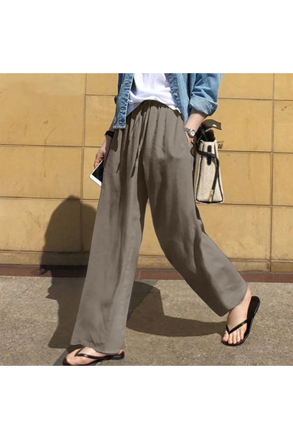 Womens Wide Leg Cotton Linen Pants Summer Elastic Waist Pant Loose Fit Comfy Drawstring Trousers Yoga Bottom Pants