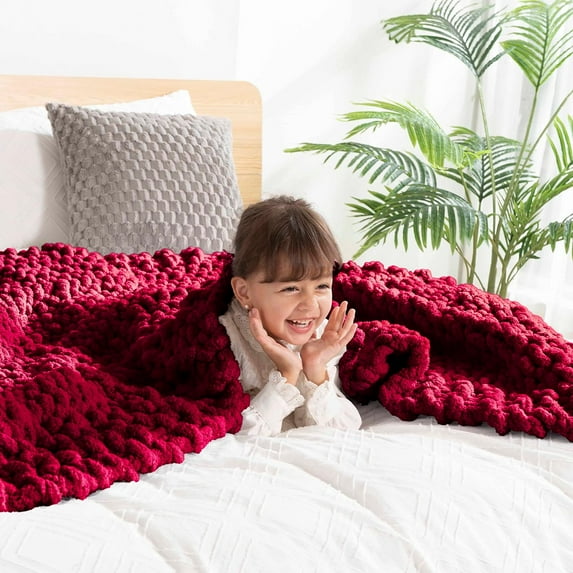 clootess Chunky Knit Blanket Chenille Yarn Red 40x60 in
