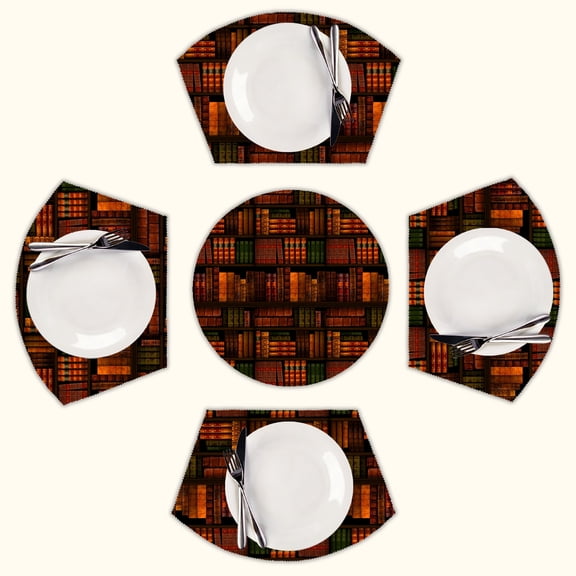 A close up of a book shelf with many books Round Table Placemats Set Of 5 Wedge Table Mats Washable Heat Resistant Place Mat For Dining Table Kitchen Farmhouse Restaurant