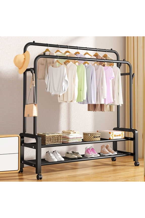 Double Rods Clothes Rack with Wheels, Rolling Clothing Garment Rack with 2 Bottom Shelves & 4 Side Hooks, Heavy Duty Clothes Organizer for Bedroom, Laundry, Living Room, Black