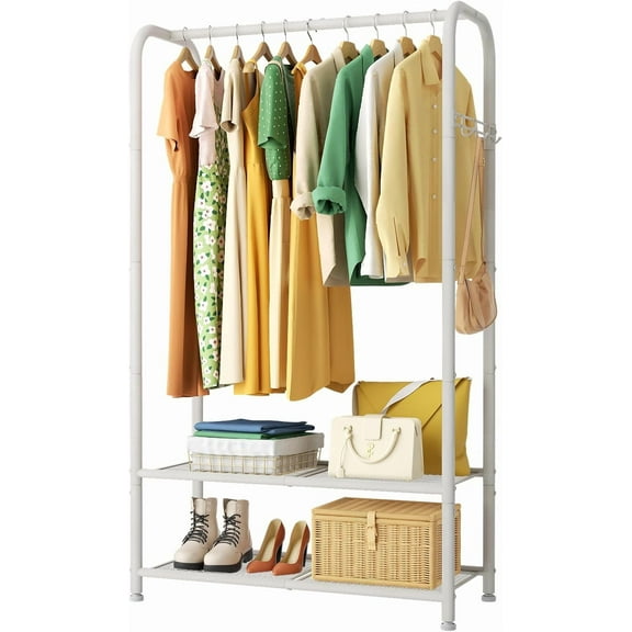 Clothing Racks Portable for Hanging Clothes Garment Rack Heavy Duty Clothes Rack Storage Coat Hanger Stand Portable Closet to Hang with Shelves Wardrobe Standing Organizer Drying White