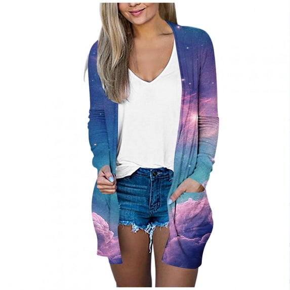 successthop Long Cardigan for Women Open Front Long Sleeve Tunic with Pockets Cardigans Without Hoodie Print Lightweight Beach Vacation Wear Purple 2XL