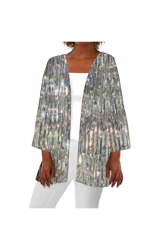 Summer Cardigans for Women Lightweight 3/4 Sleeve Regular Open Front Cardigans Without Hoodie Solid Beach Vacation Wear Silver L