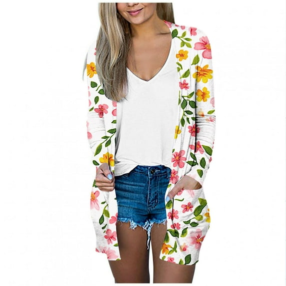 successthop Long Cardigans for Women Summer Long Sleeve Tunic with Pockets Open Front Cardigans Without Hoodie Flowers Lightweight Beach Vacation Wear Pink XL