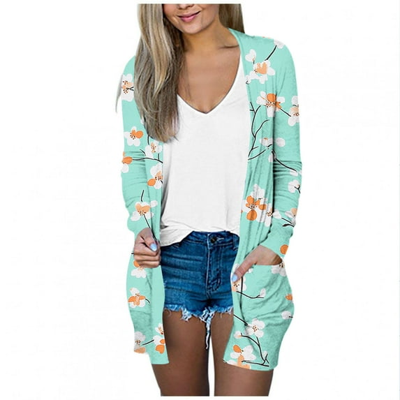 successthop Lightweight Cardigans for Women Long Sleeve Tunic with Pockets Open Front Cardigans Without Hoodie Flowers Beach Vacation Wear Mint Green XL