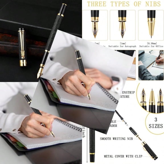 cobee Metal Fountain Pen with 3 Different Nibs Set Luxury Fountain Pen Includes Medium Extra Fine Point Bent Nib Calligraphy Writing Pen Frosted Finish Busin Pen for Men Women Black