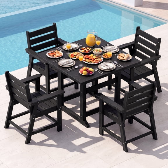 cobiod Black 5 Piece Patio Dining Set Outdoor HDPE Wood Grain Table and 4 Chairs All Weather for Deck Backyard Porch Garden Poolside