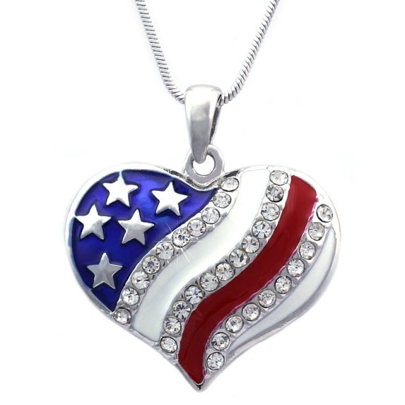 cocojewelry 4th of July Patriotic USA American Flag Heart Star Pendant Necklace (Heart Silver-tone)